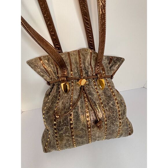 Valerie Artisan Textile Bronze Leather Studded Crossbody Bag Womens Designer - Picture 3 of 9